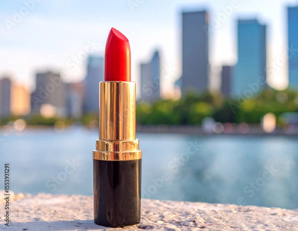 Fototapeta Vibrant red lipstick stands prominently against blurred cityscape, capturing essence of urban beauty and elegance. contrast of bold color with serene background evokes sense of confidence