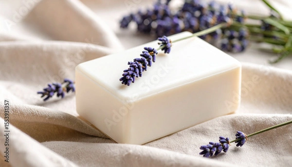 Fototapeta Square of pure white soap adorned with delicate lavender sprigs, nestled serenely on soft fabric, evokes sense of calm and tranquility