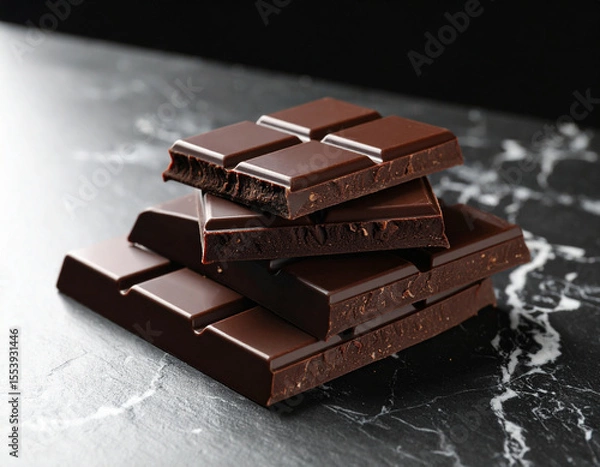 Fototapeta Rich dark chocolate squares stacked elegantly, showcasing their glossy surfaces that reflect light beautifully. This indulgent treat invites sense of luxury and delight