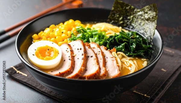 Fototapeta Steaming bowl of rich pork infused ramen adorned with soft boiled egg, vibrant corn, and fresh greens, creating delightful and satisfying meal experience