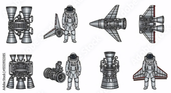 Fototapeta Vector illustrations of astronauts in space suits, powerful rocket engines, and futuristic spacecraft components. Ideal for science fiction, space exploration, and advanced technology designs