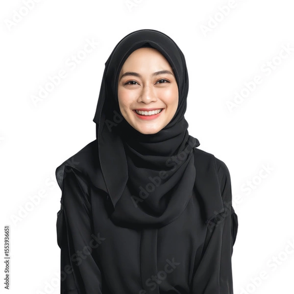 Obraz Smiling woman wearing black hijab, exuding warmth and confidence, stands against plain background. Her joyful expression radiates positivity