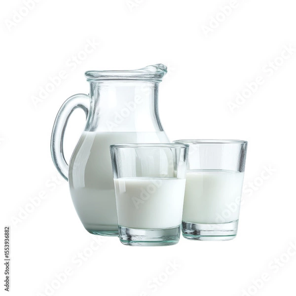 Obraz Fresh milk in glass pitcher with two clear glasses filled with milk, creating refreshing and inviting scene