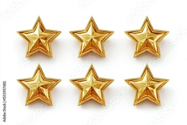 Fototapeta Collection of five isolated gold stars on a white backdrop Realistic vector illustration of gold stars