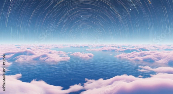 Fototapeta Dreamy ocean view with star trails and pink clouds wallpaper for desktop background and mobile phone