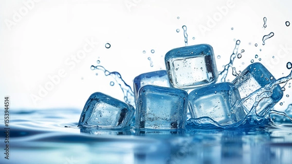 Fototapeta Clear ice cubes, splashing in blue water. Isolated on a white background for versatile use in beverage or cooling concepts.