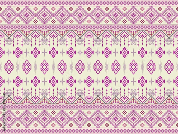 Obraz Ethnic abstract geometric fabric pattern with intricate repetition arrangement, using purple and pink tones, light background. Contemporary yet still clearly connected to culture. Textiles, Fashion.