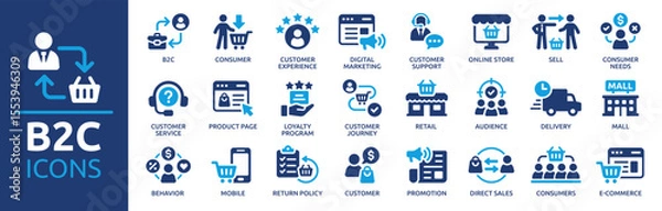 Fototapeta B2C icon set. Business to consumer, e-commerce, customer service, retail, digital marketing, direct sales, customer experience, online store and more. Solid vector icons collection.
