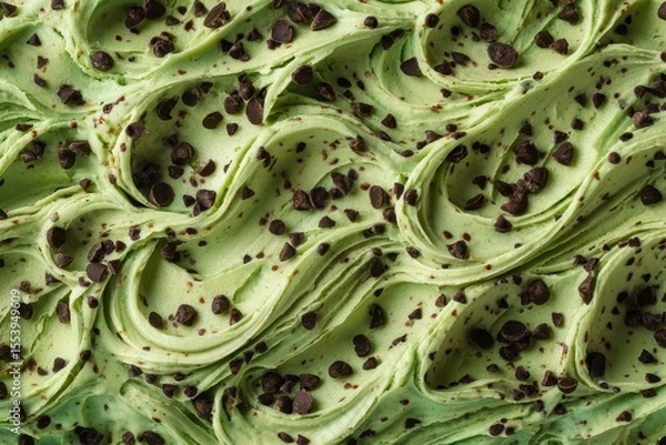 Fototapeta Close up of pistachio ice cream with chocolate chips from above Design template