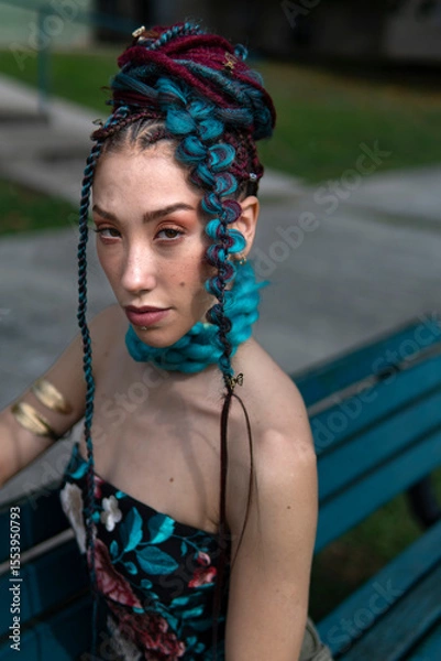 Fototapeta Portrait of a woman with colorful hair and distinctive attire