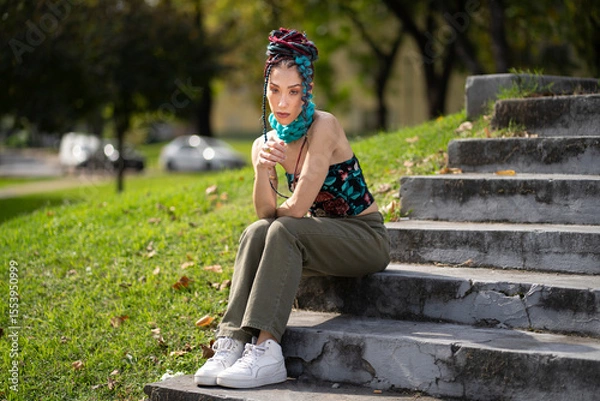 Fototapeta Expressive model with long, styled braid extensions in an urban landscape