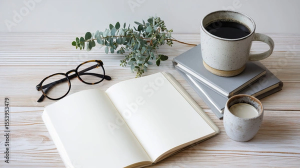 Obraz Flat lay of an open notebook, stylish glasses, and coffee mug on transparent background

