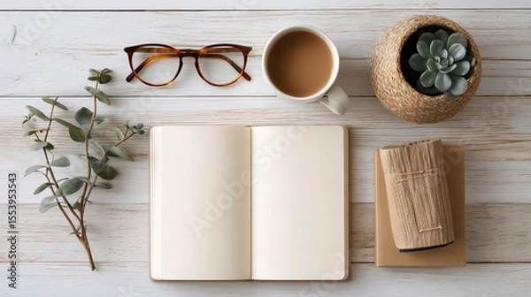 Obraz Flat lay of an open notebook, stylish glasses, and coffee mug on transparent background

