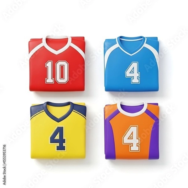 Fototapeta Four colorful jerseys with numbers displayed, set against a pristine background. The jerseys showcase different designs, each with a distinct color palette and number