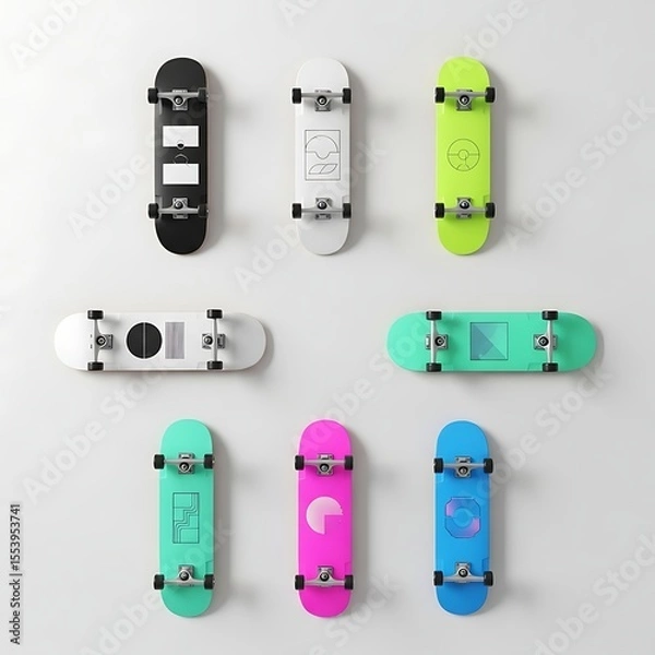 Fototapeta A collection of colorful skateboards hung against a wall, showcasing a range of vibrant designs and styles. Each skateboard has unique design. 