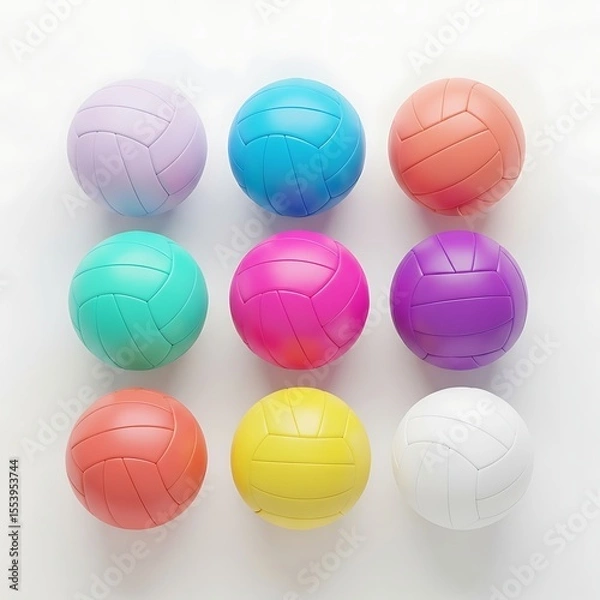 Fototapeta A collection of colorful volleyballs, perfectly arranged in a grid formation. The vibrant spheres, each with their unique hues, are ready for play.