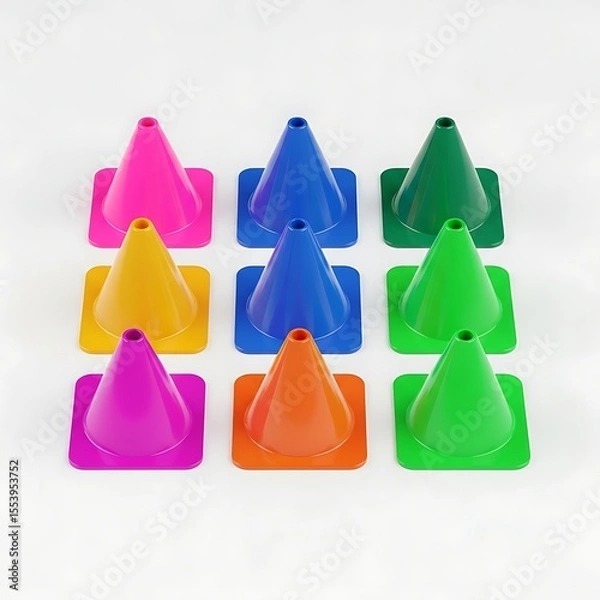 Fototapeta A set of nine colorful traffic cones arranged in a grid formation. Each cone is a different vibrant color, creating a visually appealing display