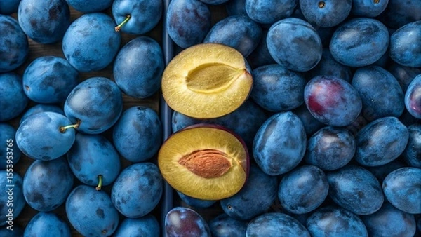 Obraz Blue plums background. Suitable for marketing or business purposes. Panoramic banner with place for text