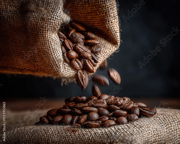 Obraz Natural light composition of a burlap sack dropping coffee beans on transparent background

