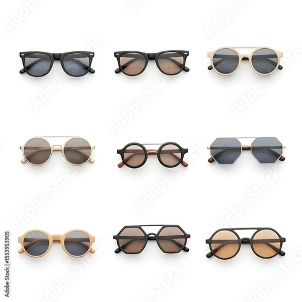 Fototapeta Stylish sunglasses collection with assorted designs and colors. Each pair is unique in shape and aesthetic appeal