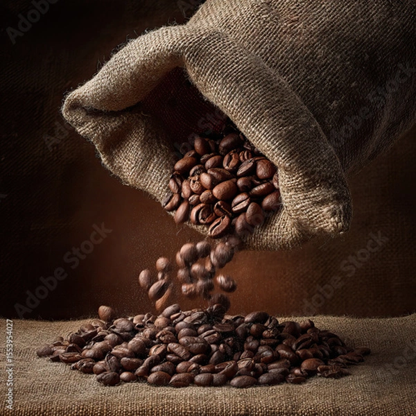 Obraz Natural light composition of a burlap sack dropping coffee beans on transparent background

