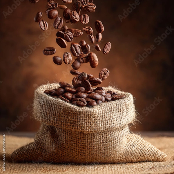 Obraz Natural light composition of a burlap sack dropping coffee beans on transparent background

