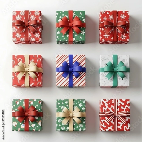 Fototapeta Nine beautifully wrapped gifts with colorful ribbons and patterns