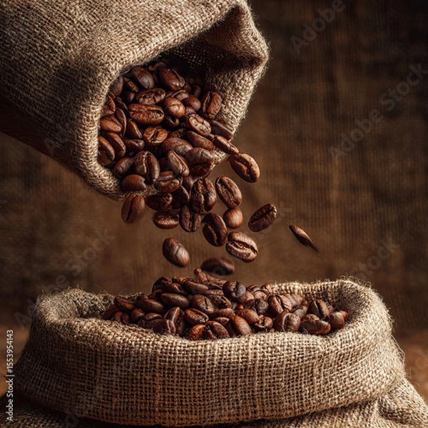 Obraz Natural light composition of a burlap sack dropping coffee beans on transparent background

