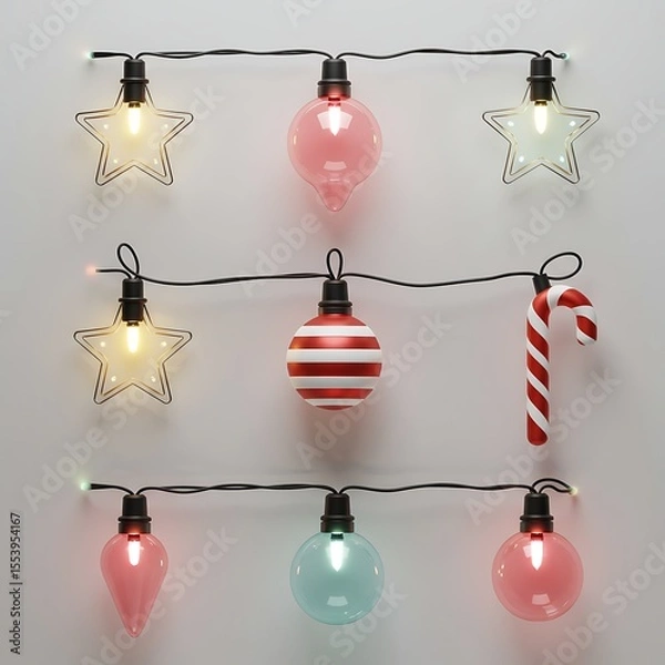Fototapeta festive Christmas lights string with star and bauble shapes 