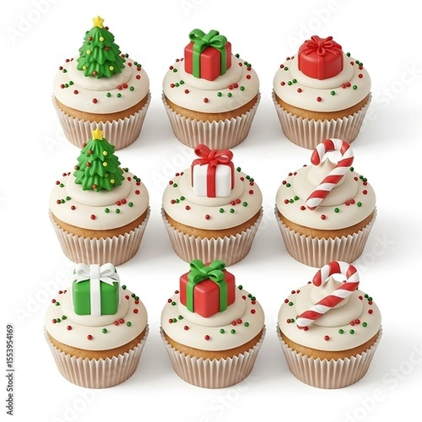 Fototapeta Festive cupcakes with holiday decorations. The scene is composed of nine cupcakes, each adorned with unique Christmas-themed decorations