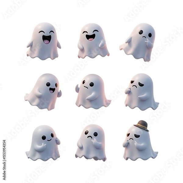 Fototapeta A set of adorable cartoon ghosts with a variety of expressions. They evoke feelings of fun and playfulness, each ghost displaying a unique emotion