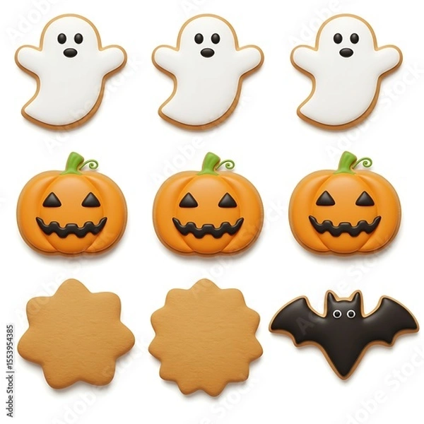 Fototapeta Halloween cookies with pumpkins, ghosts, and bat shapes. Delicious and festive, perfect for a Halloween gathering.