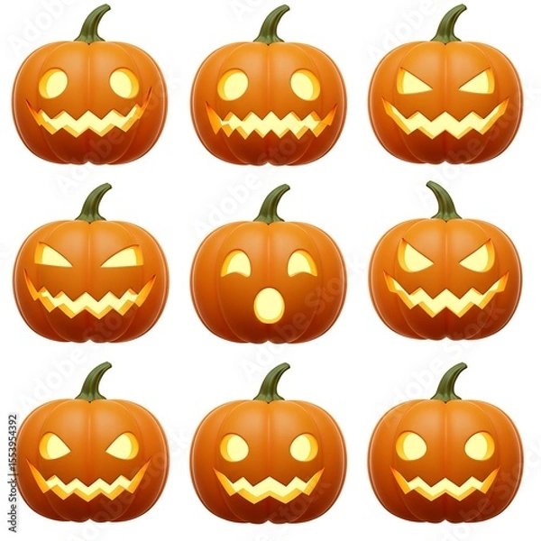 Fototapeta Nine carved pumpkins with unique expressions on a light background, each with a glowing light and a playful personality