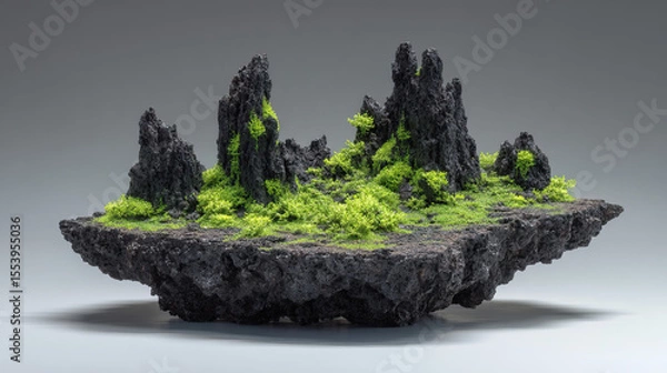Obraz Tiny volcanic island with vivid green plants and jagged black rocks on transparent background

