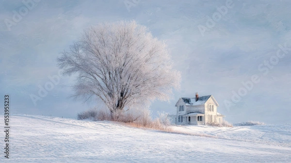 Obraz  Winter scene of a lonely farmhouse on a white hilltop on transparent background
