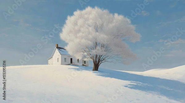 Obraz  Winter scene of a lonely farmhouse on a white hilltop on transparent background