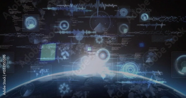 Fototapeta Displaying planet Earth in orbit, with glowing horizon, holographic UI panels and radar displays