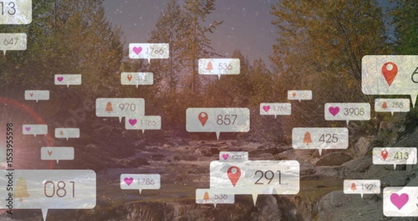 Fototapeta Floating hearts location pins bell icons drifting over rocky river in forest stream with counts