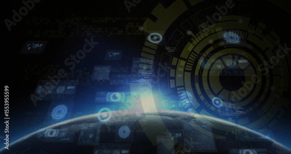 Fototapeta Revealing planet Earth curving in orbit, with holographic UI, hexagonal patterns and lens flare