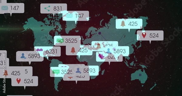 Fototapeta Presenting green world map floating over starry space backdrop, with envelope and chat icons