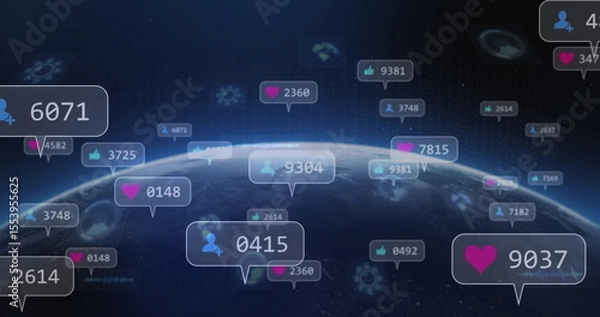 Fototapeta Floating Earth horizon in space displaying notification bubbles of hearts, likes, user silhouettes