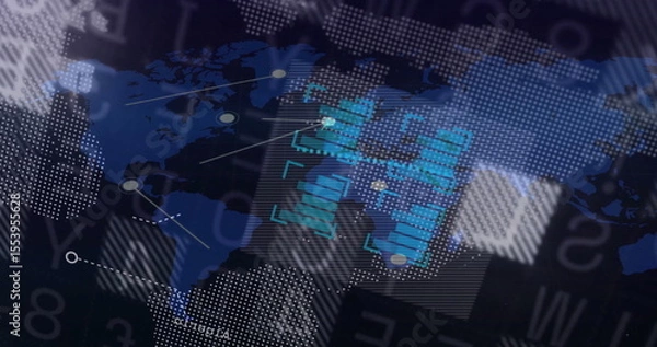Fototapeta Displaying central digital world map graphic floating in virtual interface, with network nodes