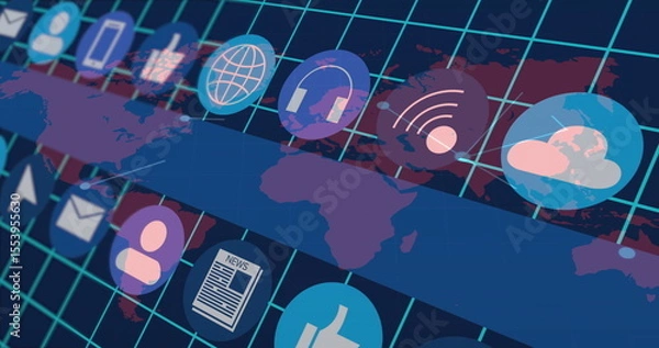 Fototapeta Displaying floating icons including globe, headphones, Wi-Fi, cloud, smartphone over map grid