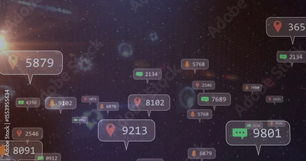 Fototapeta Floating notification bubbles drifting through data network, with map-pin, chat, bell icons