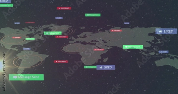 Fototapeta Displaying stylized world map floating in space, with pinpoint circles and notification labels
