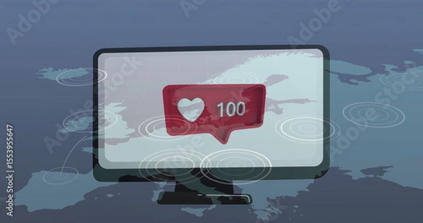 Obraz Displaying computer monitor showing rippled Europe map in data network, featuring red heart bubble