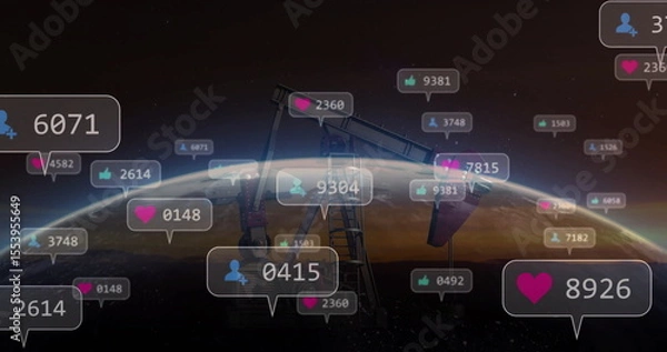 Fototapeta Showing oil pumpjack silhouette rising on planet horizon, displaying floating social media metrics
