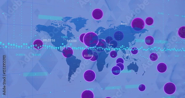 Fototapeta Displaying map on data dashboard with purple markers, numeric labels, dashed line, triangular grid