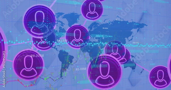 Fototapeta Displaying cluster of purple user icons connecting across blue world map, showing global metrics