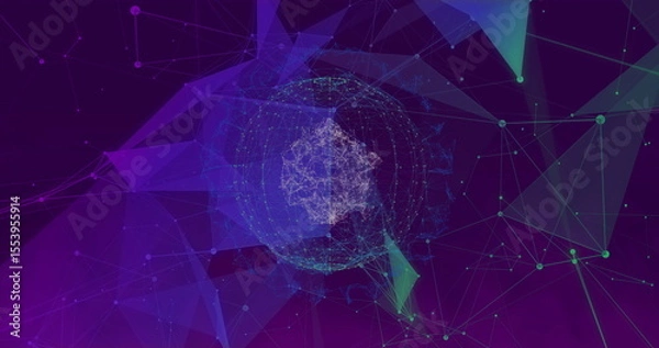 Fototapeta Glowing network sphere rotating in virtual cyberspace, with glowing nodes and connecting lines